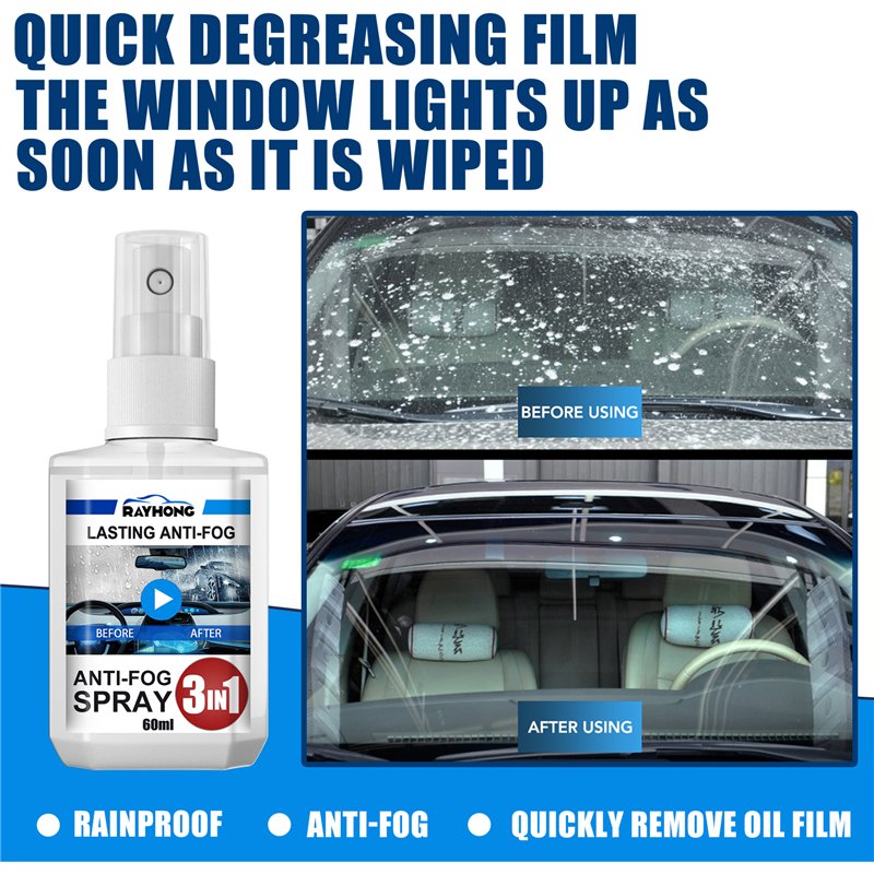 Rayhong 60ml 3 in 1 automobile antifogging agent home windows car rear view mirror glass oil film remover anti-fog spray