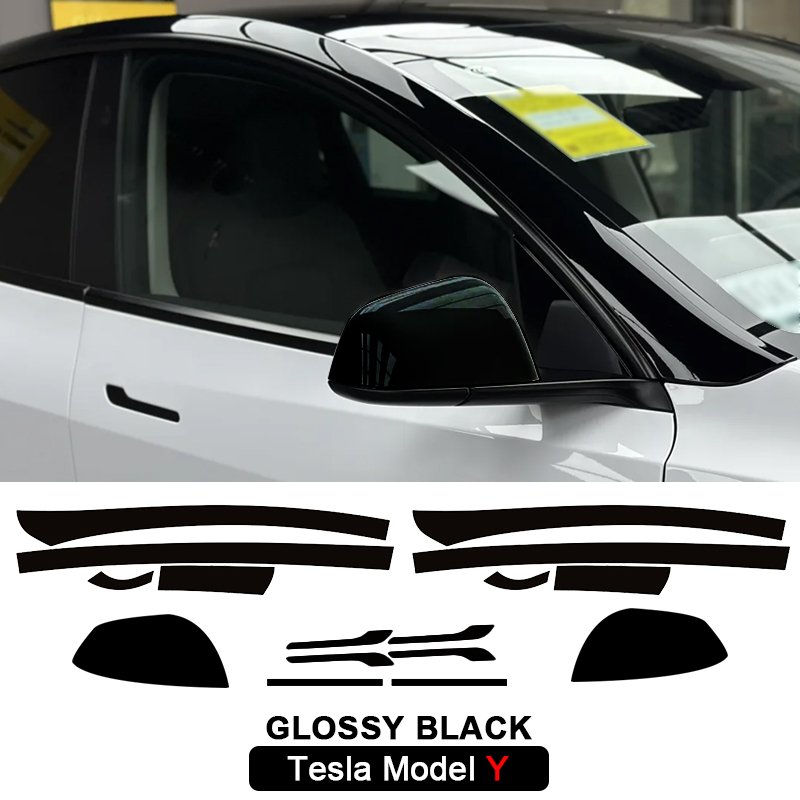 Suitable for Tesla Model Y PET suspended roof body door handles rearview mirrors window trims bright black protective film