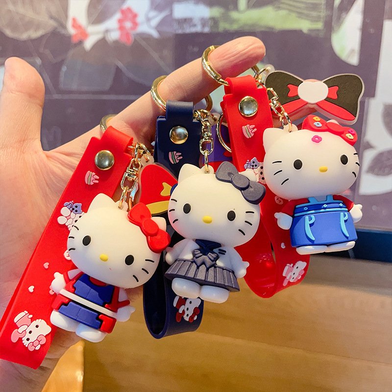Top Selling Sanlioed New KT Cat Keychain Cartoon Animation PVC Doll Cat Bag Hanging Car Key Ring Creative Gifts for Girls