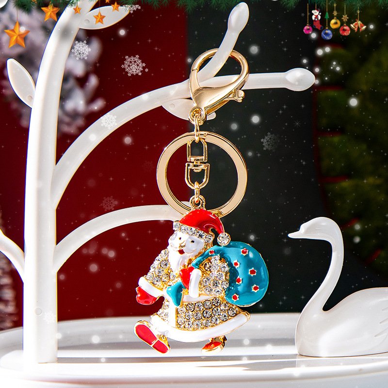 Christmas Decorations Red Enamel Father Christmas Car Key Ring Rhinestone Santa Claus Pendant Keychain Accessory