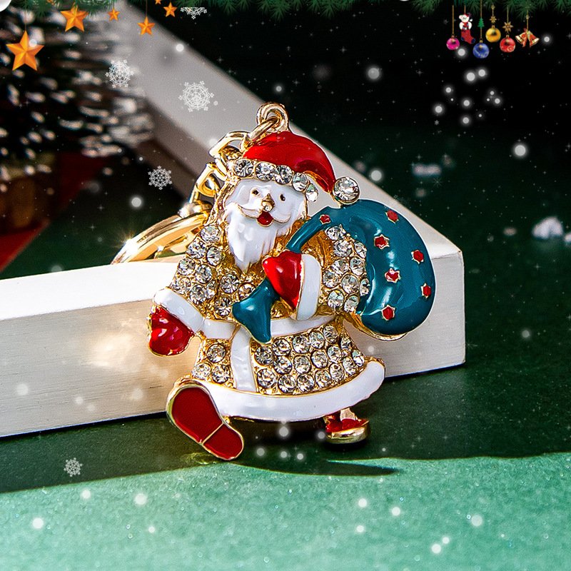 Christmas Decorations Red Enamel Father Christmas Car Key Ring Rhinestone Santa Claus Pendant Keychain Accessory