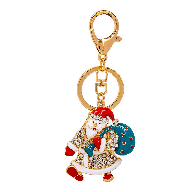 Christmas Decorations Red Enamel Father Christmas Car Key Ring Rhinestone Santa Claus Pendant Keychain Accessory