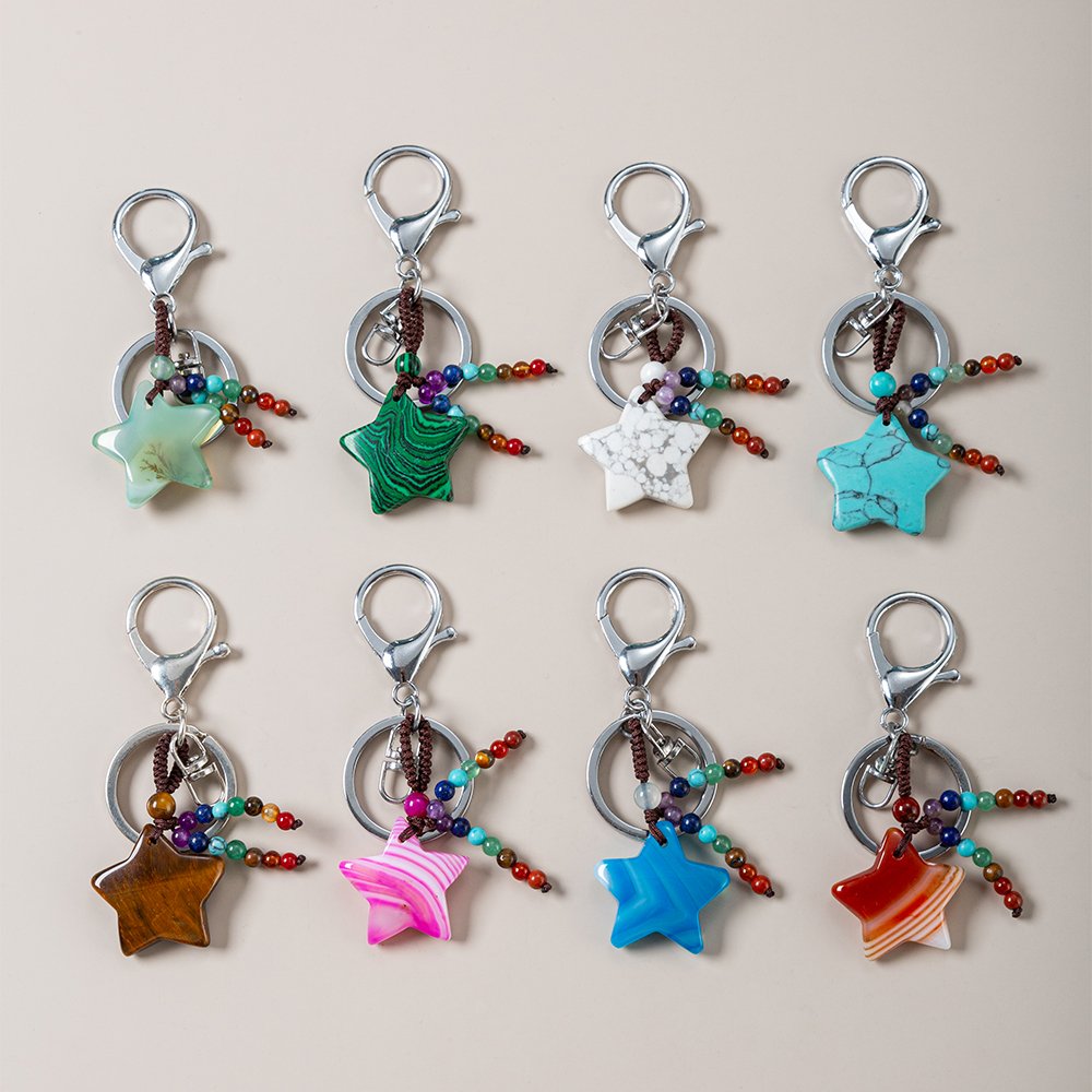 Protection Natural Stone 7 Chakra Lucky Star Charms Keychain Reiki Braided Pentagram Crystal Pendant Key Rings Celestial Gift