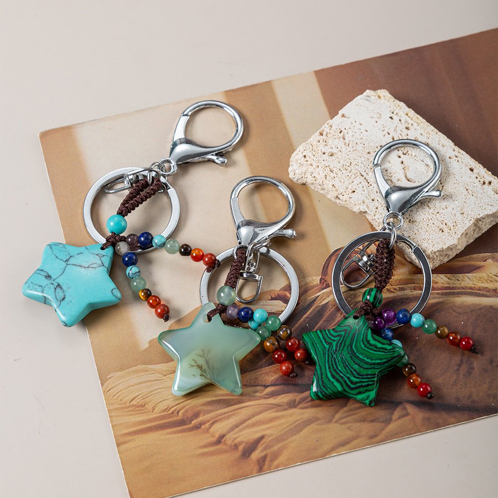 Protection Natural Stone 7 Chakra Lucky Star Charms Keychain Reiki Braided Pentagram Crystal Pendant Key Rings Celestial Gift