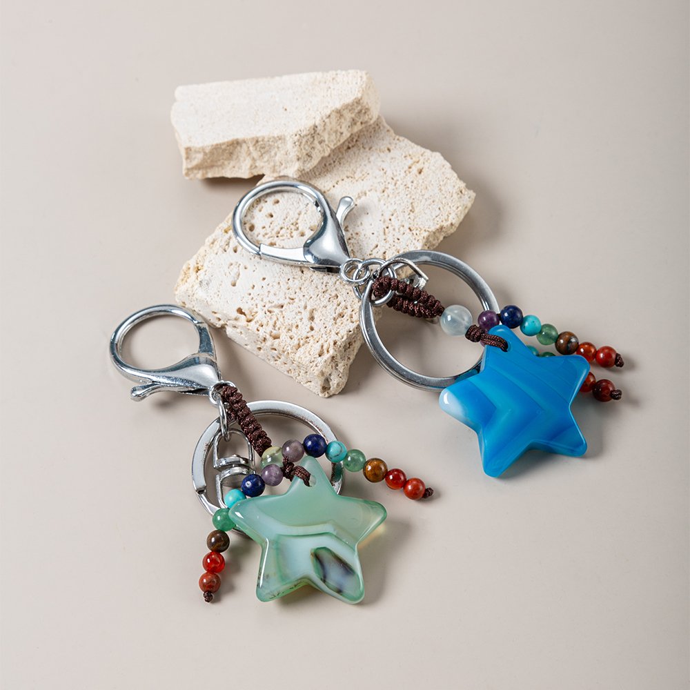 Protection Natural Stone 7 Chakra Lucky Star Charms Keychain Reiki Braided Pentagram Crystal Pendant Key Rings Celestial Gift