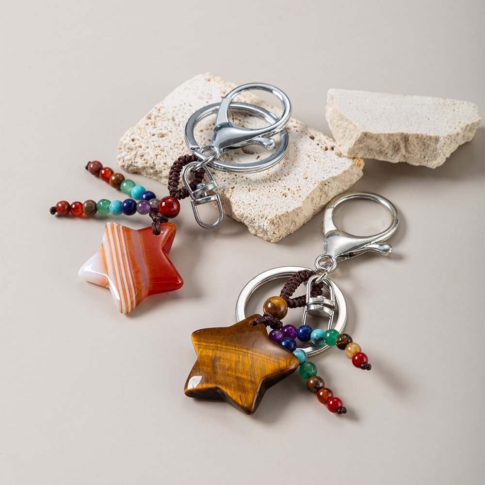 Protection Natural Stone 7 Chakra Lucky Star Charms Keychain Reiki Braided Pentagram Crystal Pendant Key Rings Celestial Gift