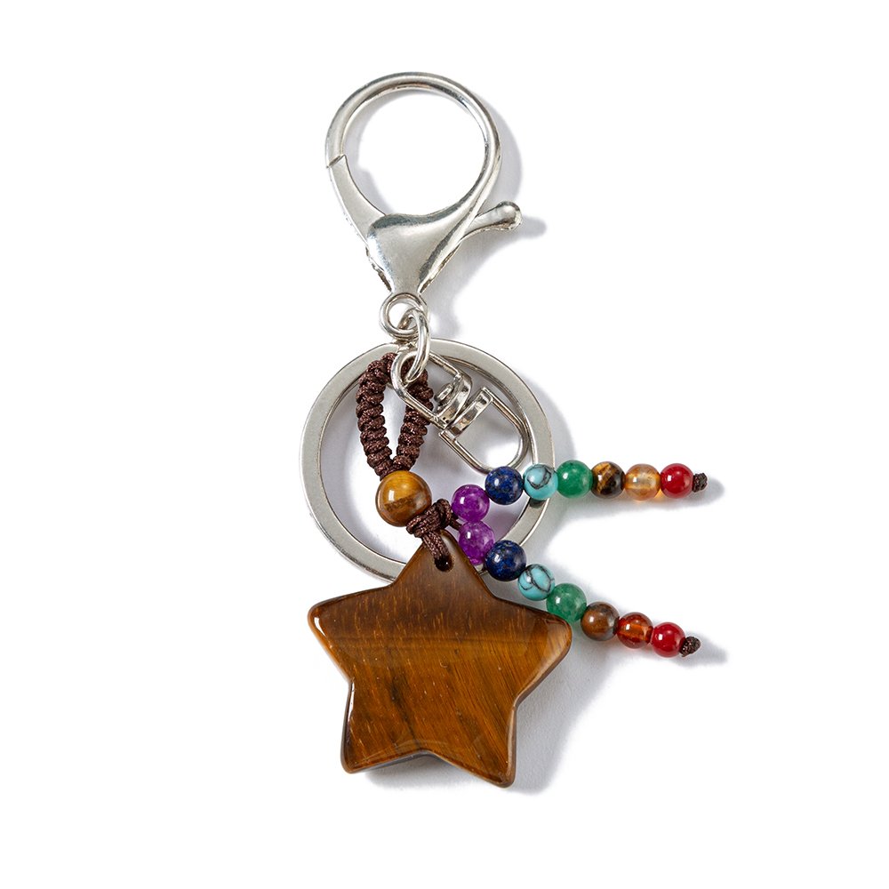 Protection Natural Stone 7 Chakra Lucky Star Charms Keychain Reiki Braided Pentagram Crystal Pendant Key Rings Celestial Gift