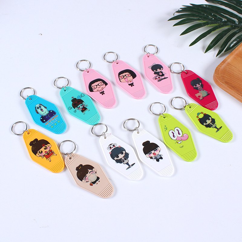 Custom Promotional Cute Hot Stamping Printed Logo ABS Acrylic Blank Keyring Plastic Retro Vintage Motel Room Hotel Key Chain