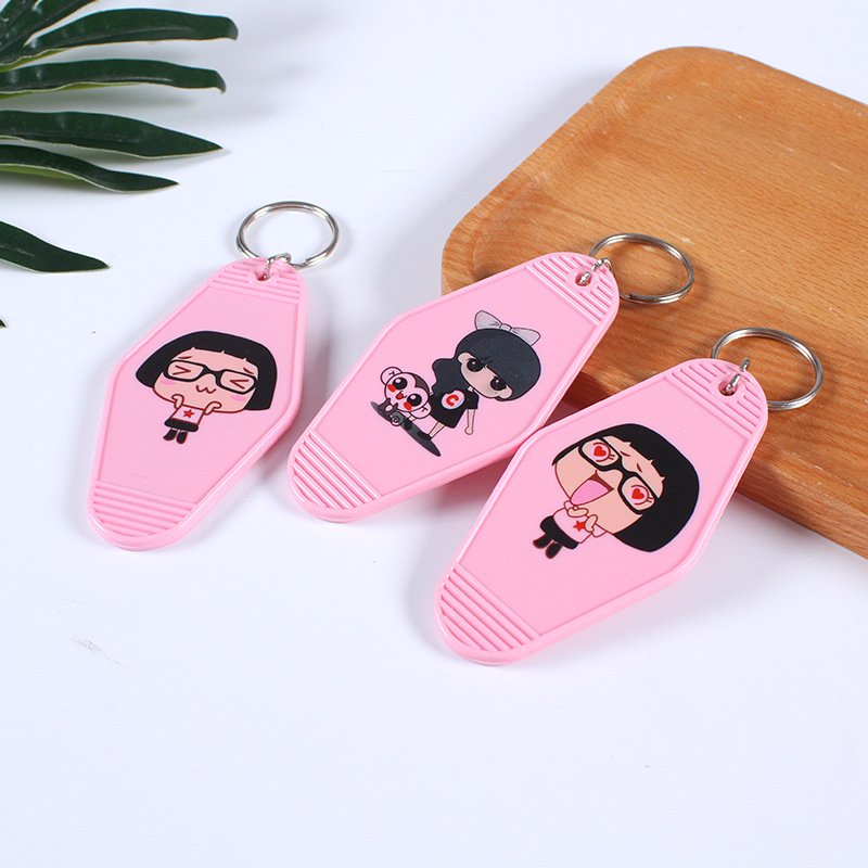 Custom Promotional Cute Hot Stamping Printed Logo ABS Acrylic Blank Keyring Plastic Retro Vintage Motel Room Hotel Key Chain