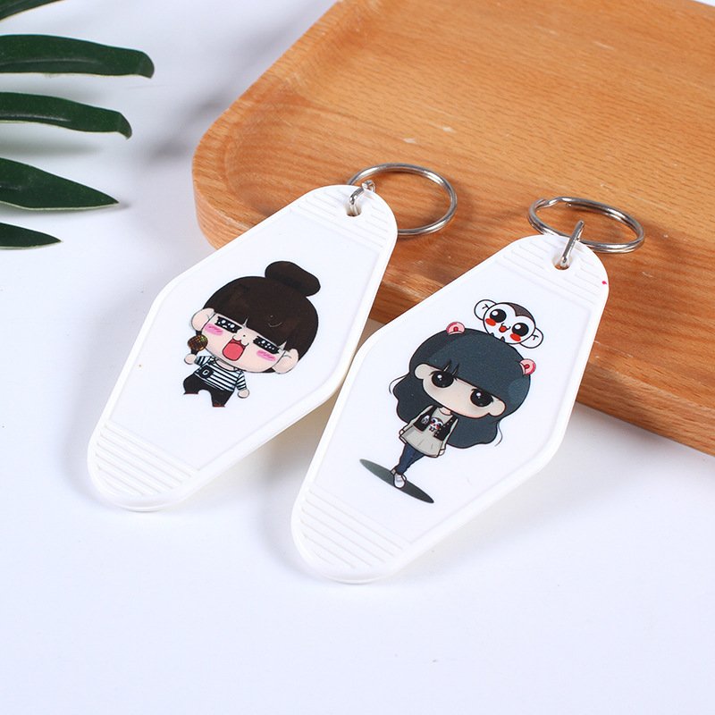 Custom Promotional Cute Hot Stamping Printed Logo ABS Acrylic Blank Keyring Plastic Retro Vintage Motel Room Hotel Key Chain
