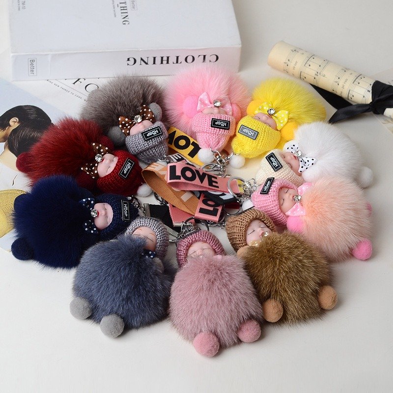 New Kawaii Real Fox Fur Ball Pendant Key Chain Cute Sleeping Doll Plush Accessories Car Key Chain Pom Faux Fur Plush Keychain