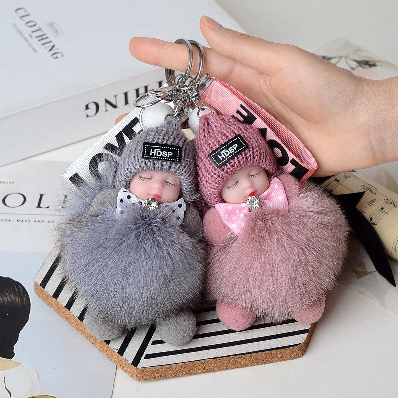 New Kawaii Real Fox Fur Ball Pendant Key Chain Cute Sleeping Doll Plush Accessories Car Key Chain Pom Faux Fur Plush Keychain