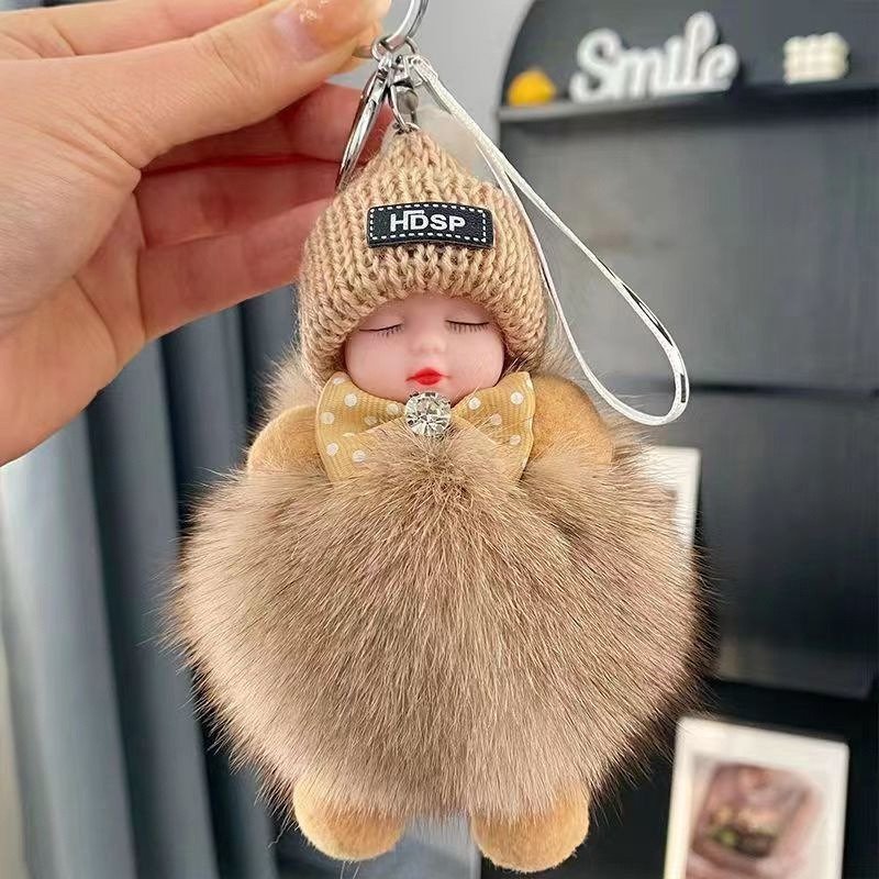 New Kawaii Real Fox Fur Ball Pendant Key Chain Cute Sleeping Doll Plush Accessories Car Key Chain Pom Faux Fur Plush Keychain