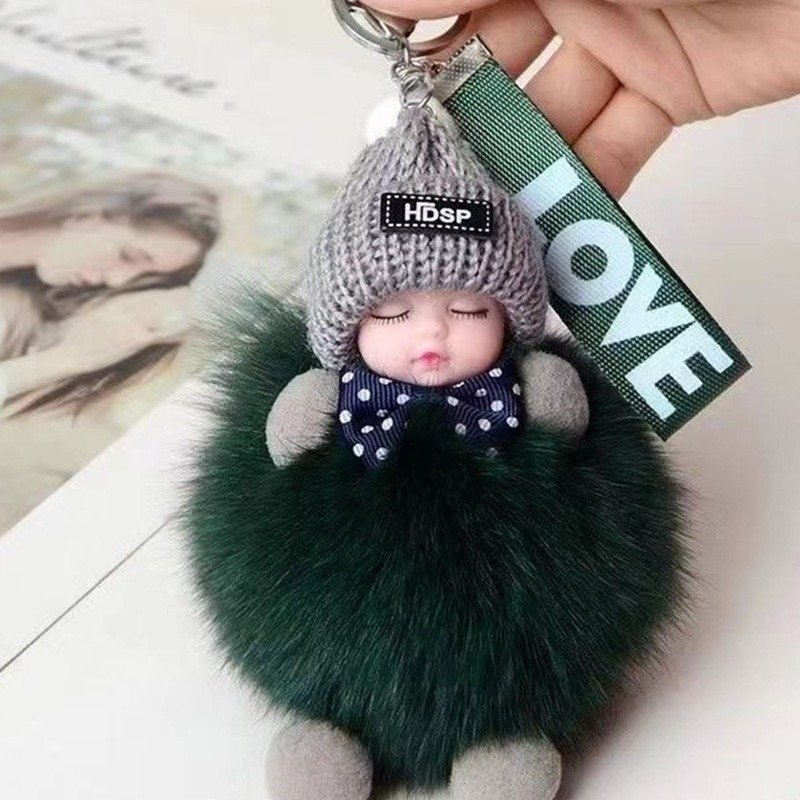 New Kawaii Real Fox Fur Ball Pendant Key Chain Cute Sleeping Doll Plush Accessories Car Key Chain Pom Faux Fur Plush Keychain
