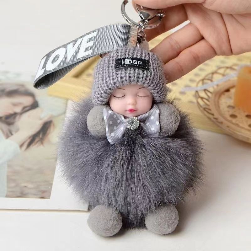New Kawaii Real Fox Fur Ball Pendant Key Chain Cute Sleeping Doll Plush Accessories Car Key Chain Pom Faux Fur Plush Keychain