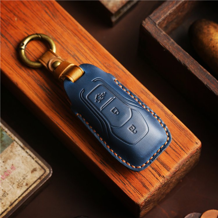 Wholesale Hand Sewing Genuine Leather Car Key Case Cover for Ford Car Key Shell with Keychain