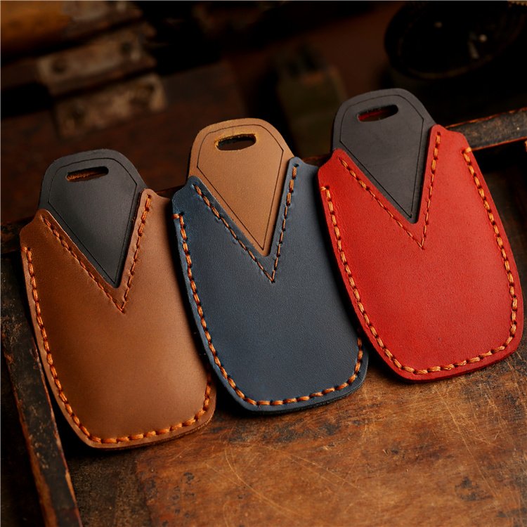 Wholesale Hand Sewing Genuine Leather Car Key Case Cover for Ford Car Key Shell with Keychain