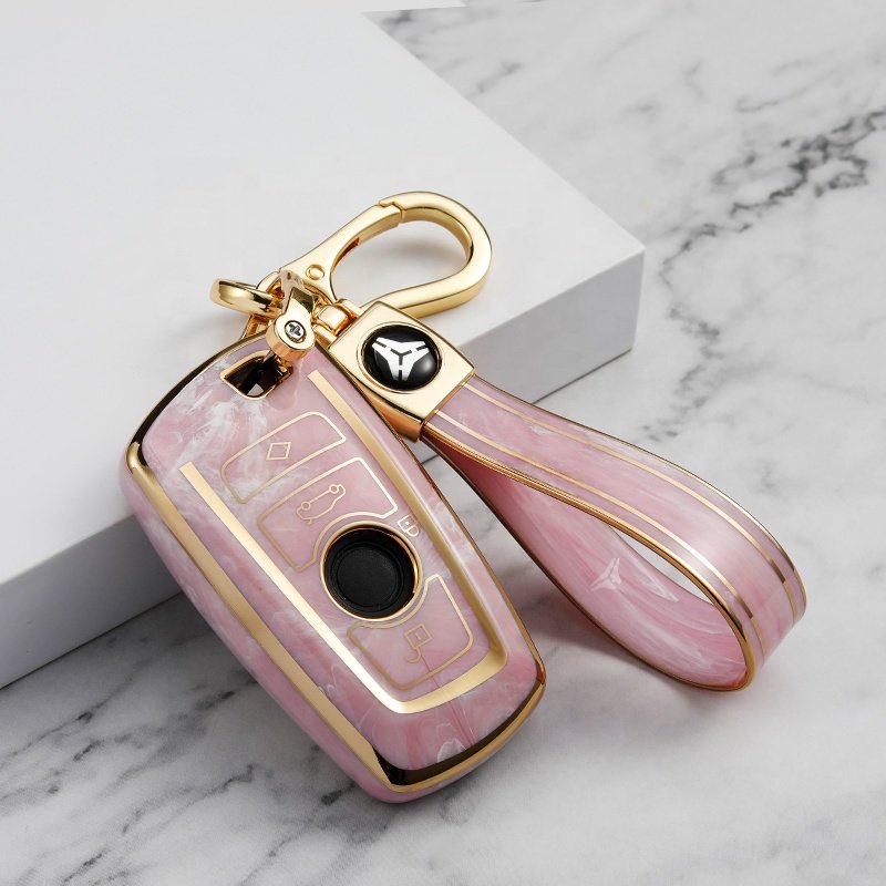 Series 12 - Gold Edge Full Cover Advanced 4 Buttons TPU Car Key Case with Car Keychain Accessories for BMW 3 4 5 6 Series X3