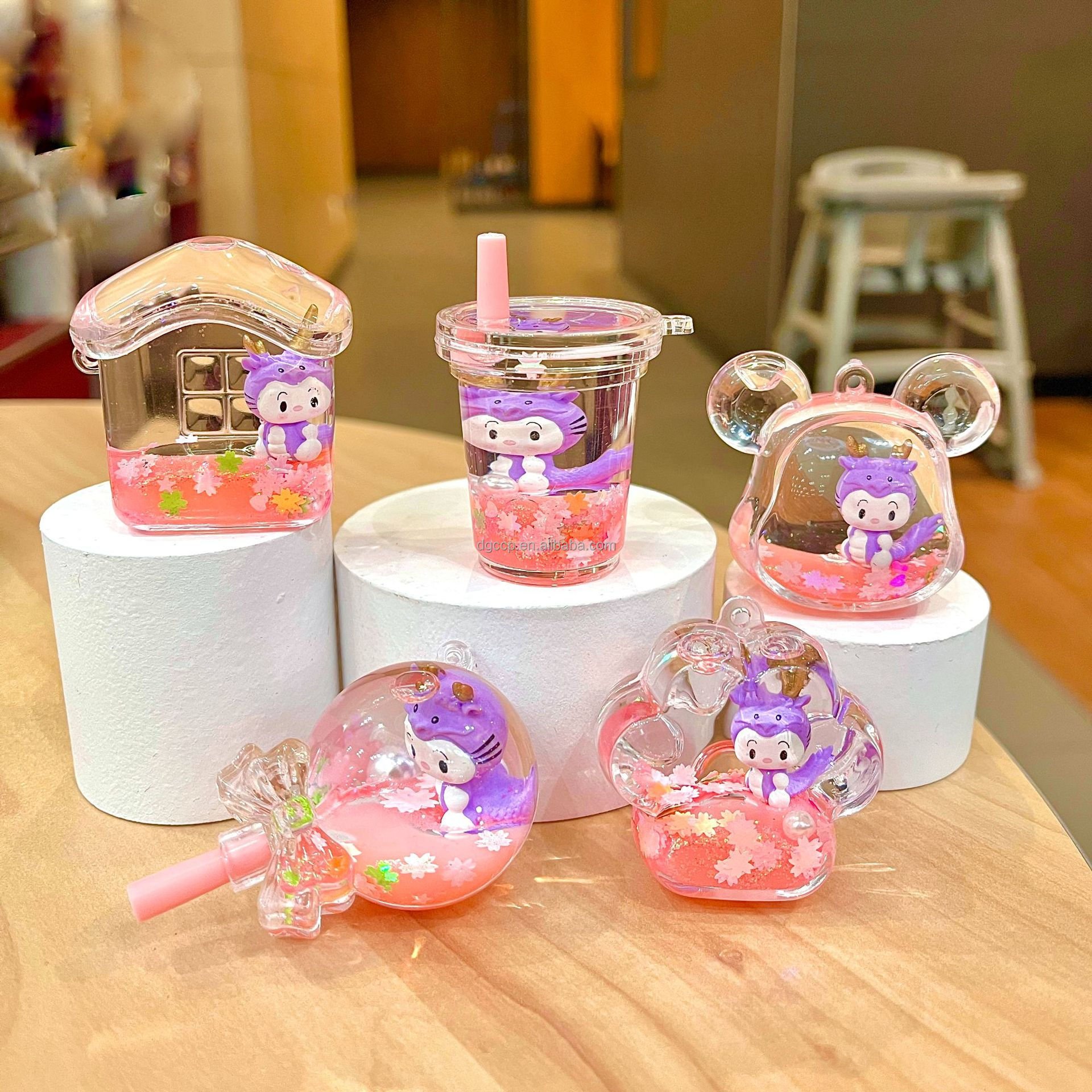1batch=10PCS 150 design Cars lollipops Kuromi Animal doll Liquid Floating Kawaii Acrylic bag Keychain for Girl Women