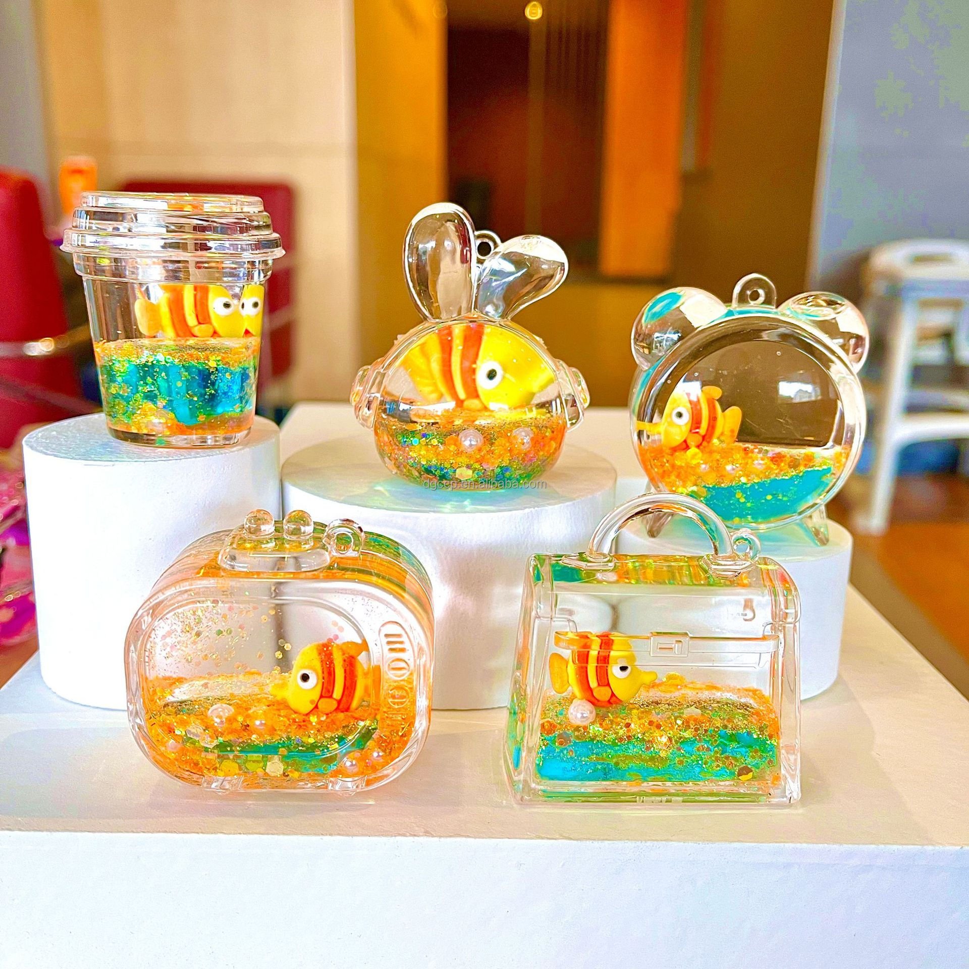 1batch=10PCS 150 design Cars lollipops Kuromi Animal doll Liquid Floating Kawaii Acrylic bag Keychain for Girl Women