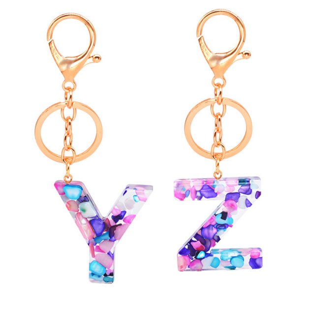 Cute Sparkly multi color handbag accessories A-Z Initial Letter Glitter Resin Epoxy Alphabet Acrylic Charms Keychain with Tassel