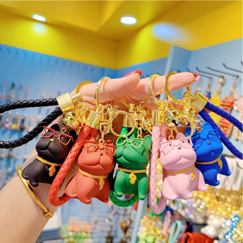 Fashion Punk Glasses Bulldog Keychain PU Leather Dog Key chains Cute Gift Resin Dog Key Ring Bag Pendant French Bulldog Keychain