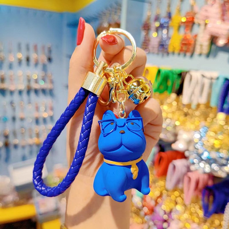 Fashion Punk Glasses Bulldog Keychain PU Leather Dog Key chains Cute Gift Resin Dog Key Ring Bag Pendant French Bulldog Keychain