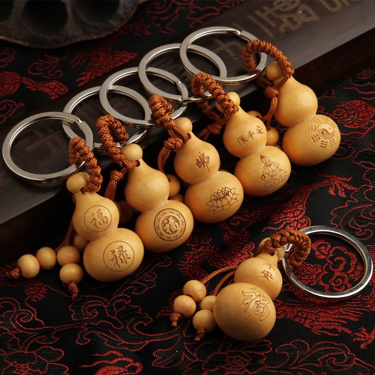 wooden gourd key chains car decor feng shui keychain accessory bag wallet charm for Good Luck Wealth Success Longevity keyrings
