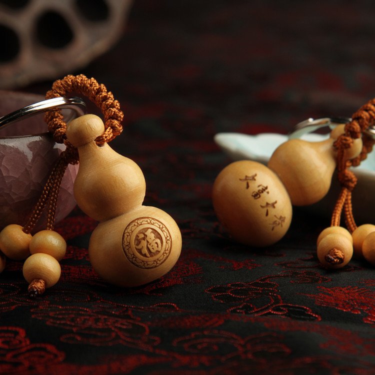 wooden gourd key chains car decor feng shui keychain accessory bag wallet charm for Good Luck Wealth Success Longevity keyrings