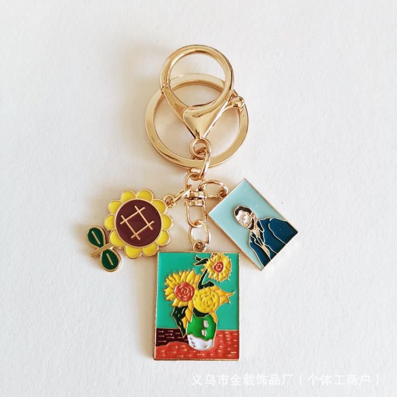 Creative European And American Oil Painting Series Alloy Key Chain Sunflower Bag Pendant Decorative Accessories Gift