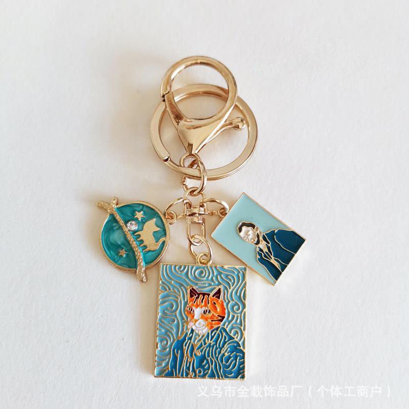 Creative European And American Oil Painting Series Alloy Key Chain Sunflower Bag Pendant Decorative Accessories Gift