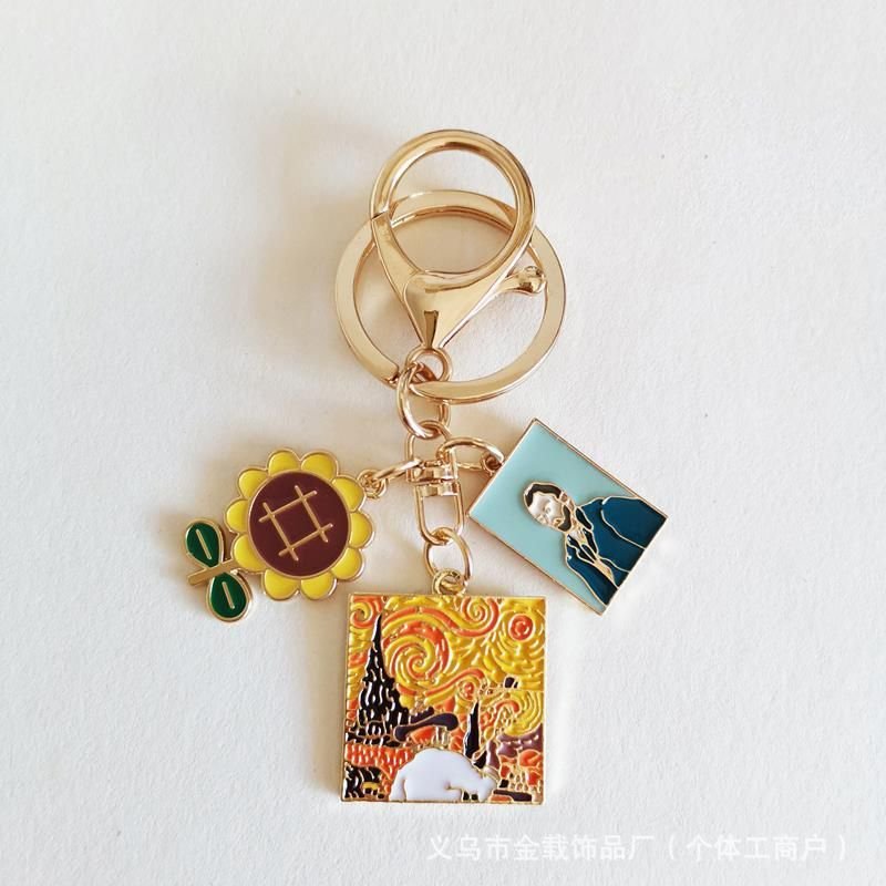 Creative European And American Oil Painting Series Alloy Key Chain Sunflower Bag Pendant Decorative Accessories Gift