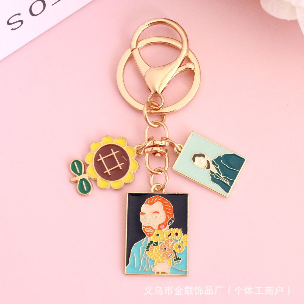Creative European And American Oil Painting Series Alloy Key Chain Sunflower Bag Pendant Decorative Accessories Gift