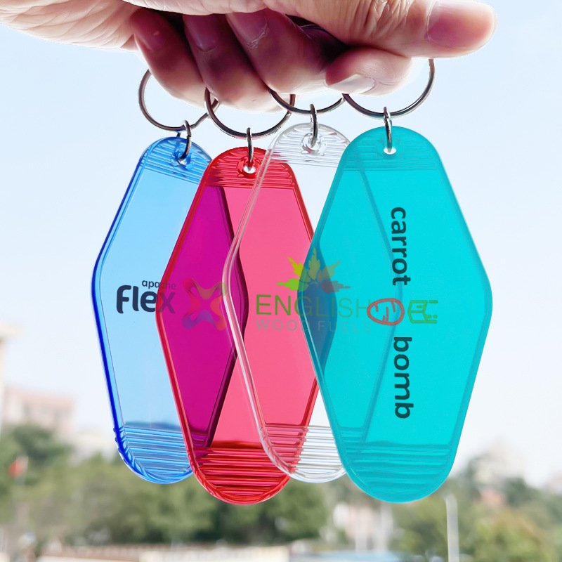 Plastic custom Acrylic Vintage Motel Keychain Key Tag Hot Stamp Hotel Keychain Blank Print Gold key ring Hotel Keychains