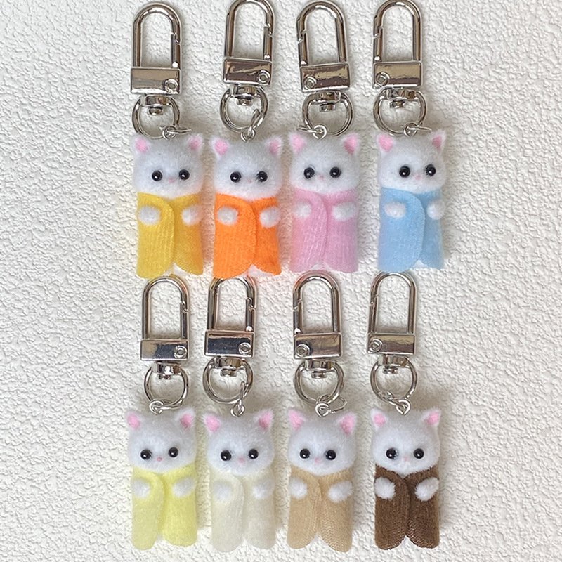 2024 Cartoon Flocking Bear Keychain Animals Doll Resin Key chains Cute Pom Pom keyrings Cat Dog Cow Koala Bunny Plush Keychain