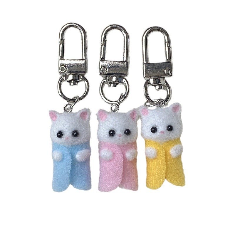 2024 Cartoon Flocking Bear Keychain Animals Doll Resin Key chains Cute Pom Pom keyrings Cat Dog Cow Koala Bunny Plush Keychain
