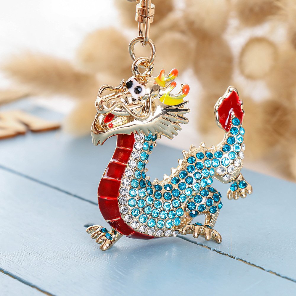 2023 China Hot Promotional Gift Keychain Rhinestone Coin metal Dragon Keychain Diamond Key Chains Charms Car Accessories