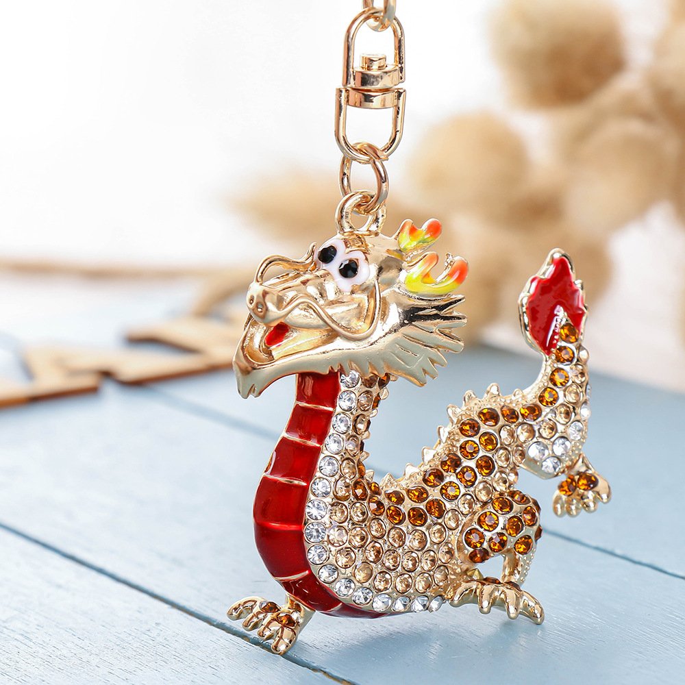 2023 China Hot Promotional Gift Keychain Rhinestone Coin metal Dragon Keychain Diamond Key Chains Charms Car Accessories