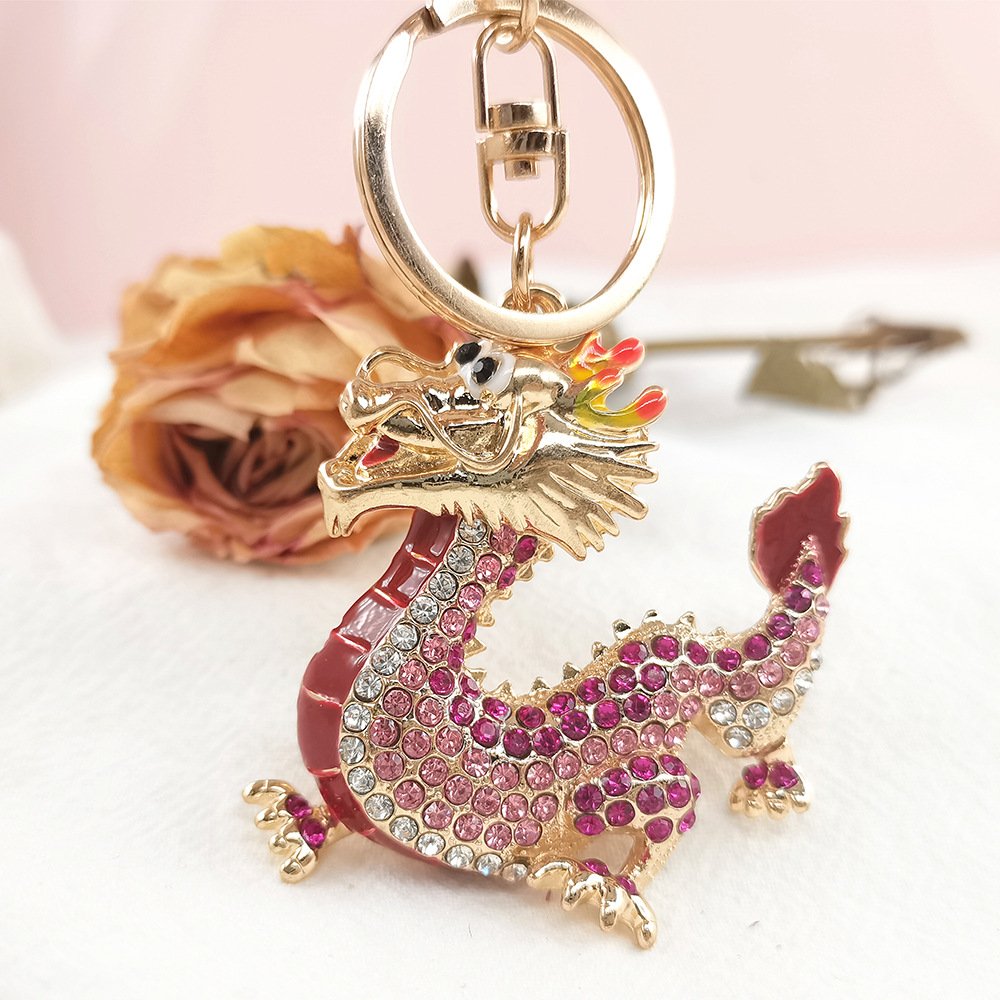 2023 China Hot Promotional Gift Keychain Rhinestone Coin metal Dragon Keychain Diamond Key Chains Charms Car Accessories