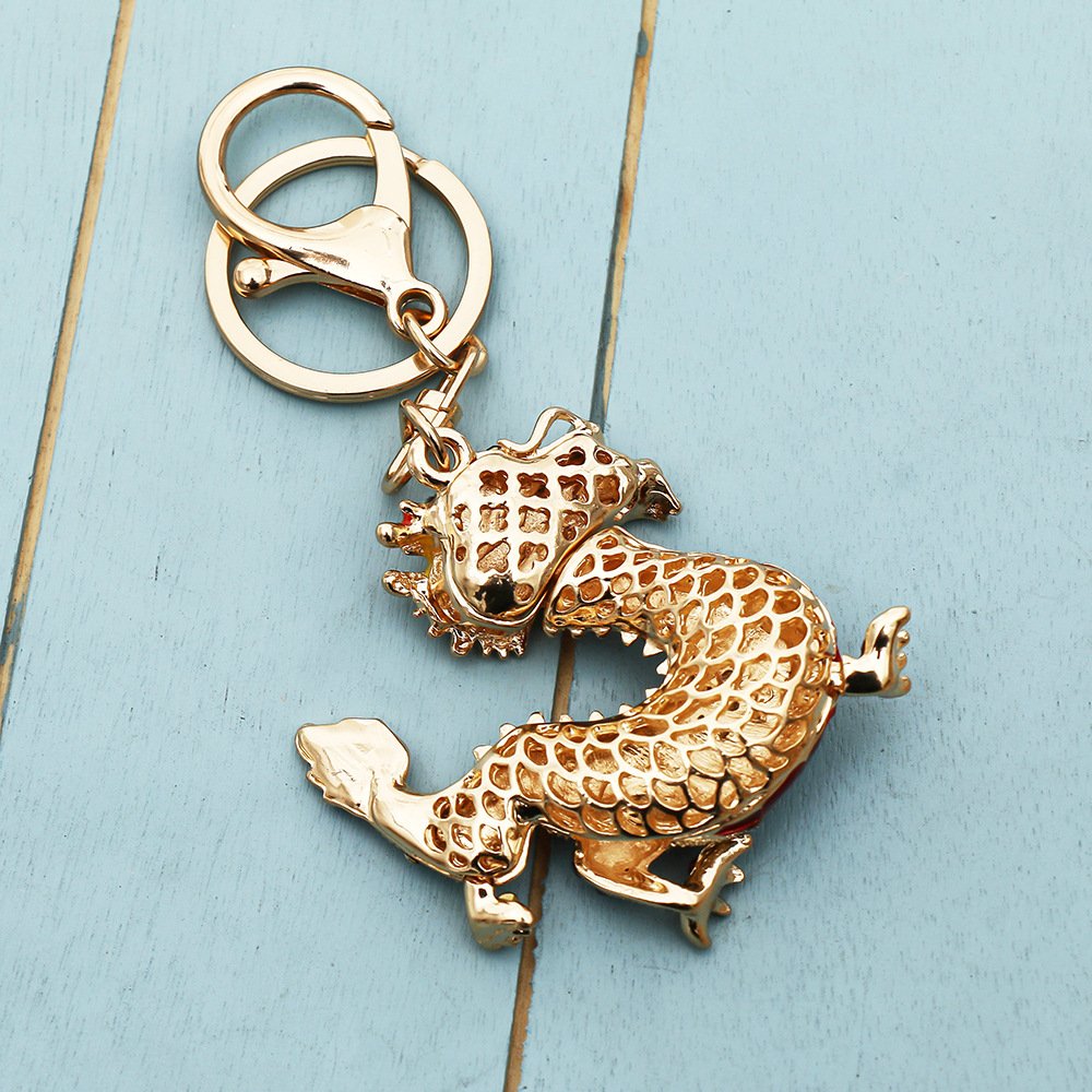 2023 China Hot Promotional Gift Keychain Rhinestone Coin metal Dragon Keychain Diamond Key Chains Charms Car Accessories