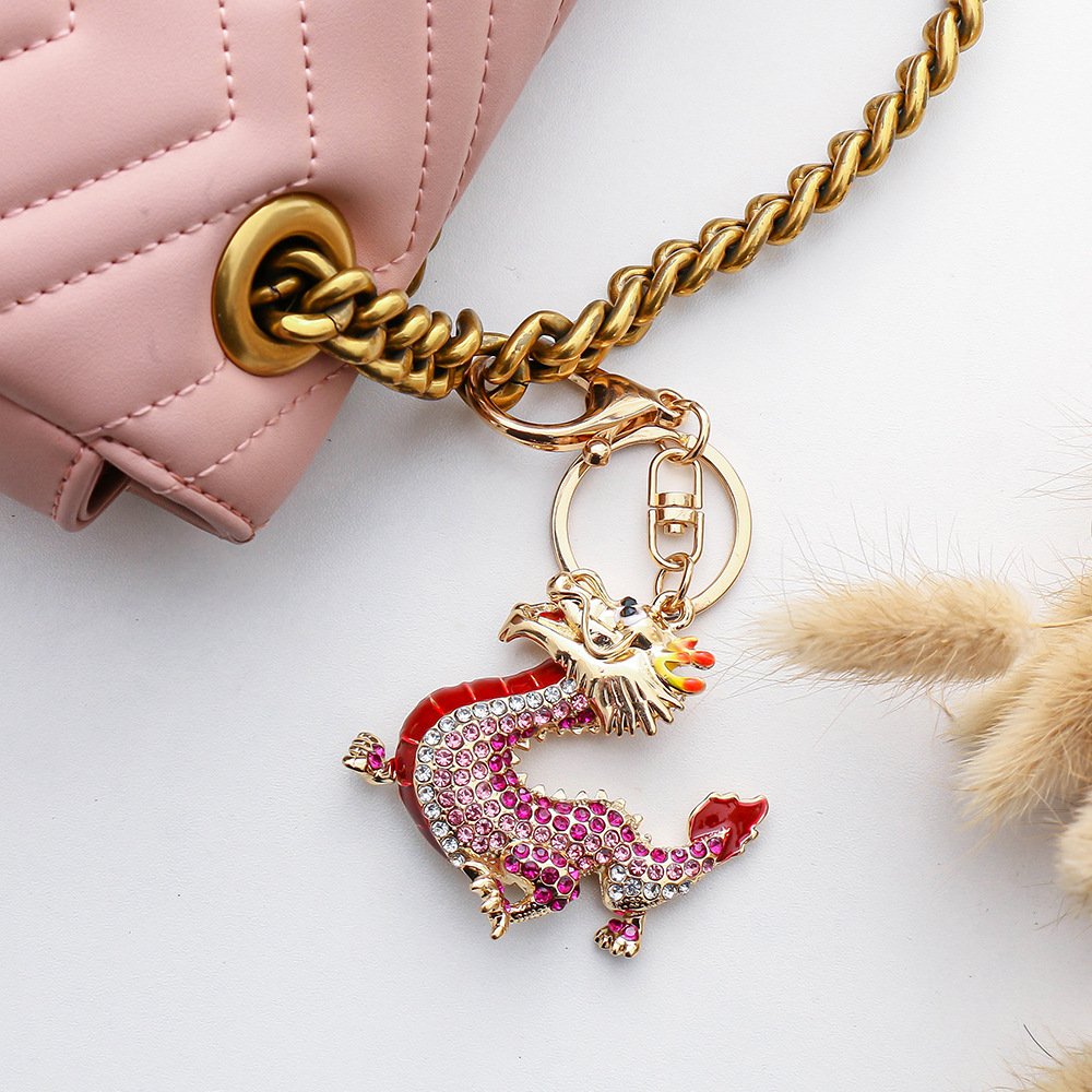 2023 China Hot Promotional Gift Keychain Rhinestone Coin metal Dragon Keychain Diamond Key Chains Charms Car Accessories