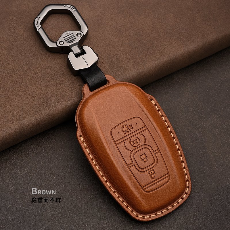 New Genuine Leather Car Smart Key Case Cover Holder Chain for Ford Lincoln MKC MKZ