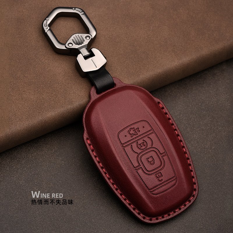 New Genuine Leather Car Smart Key Case Cover Holder Chain for Ford Lincoln MKC MKZ