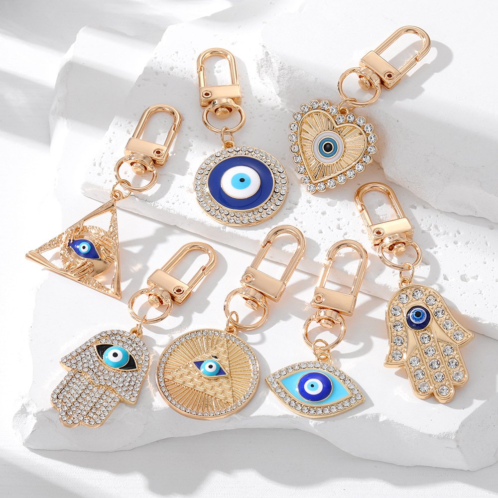 Gold Crystal Blue Enamel Good Luck Fatima Hand Turkish Evil Eye Keychain Keyring Key Holder Bag Charm Accessory