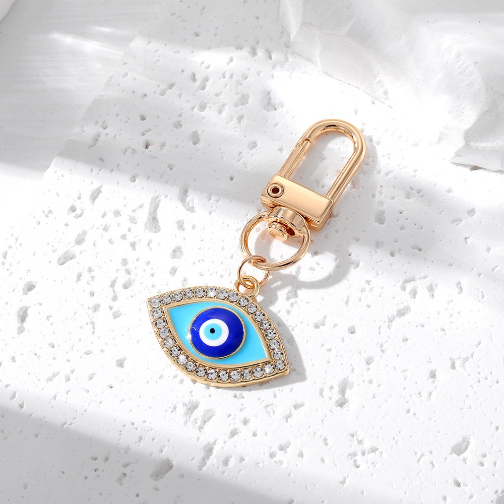 Gold Crystal Blue Enamel Good Luck Fatima Hand Turkish Evil Eye Keychain Keyring Key Holder Bag Charm Accessory