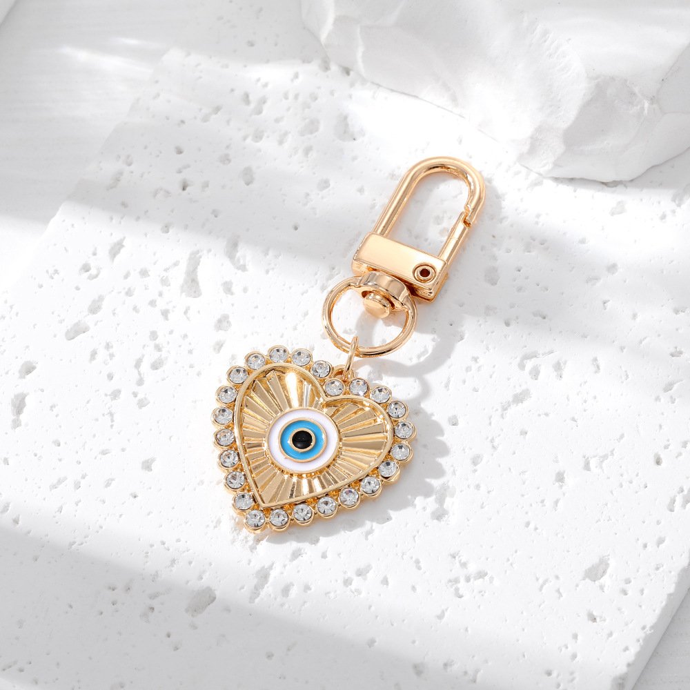 Gold Crystal Blue Enamel Good Luck Fatima Hand Turkish Evil Eye Keychain Keyring Key Holder Bag Charm Accessory