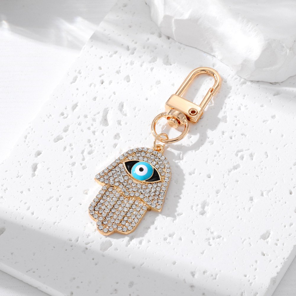 Gold Crystal Blue Enamel Good Luck Fatima Hand Turkish Evil Eye Keychain Keyring Key Holder Bag Charm Accessory