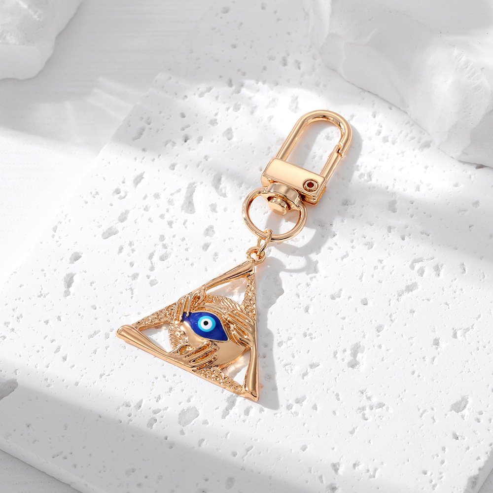 Gold Crystal Blue Enamel Good Luck Fatima Hand Turkish Evil Eye Keychain Keyring Key Holder Bag Charm Accessory