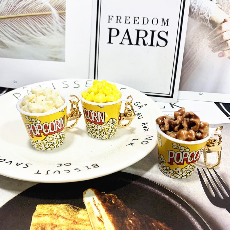 Wholesale PVC Popcorn Key Chain Simulation Food Snack Cup Popcorn Keychain for Car Key Ring Accessories