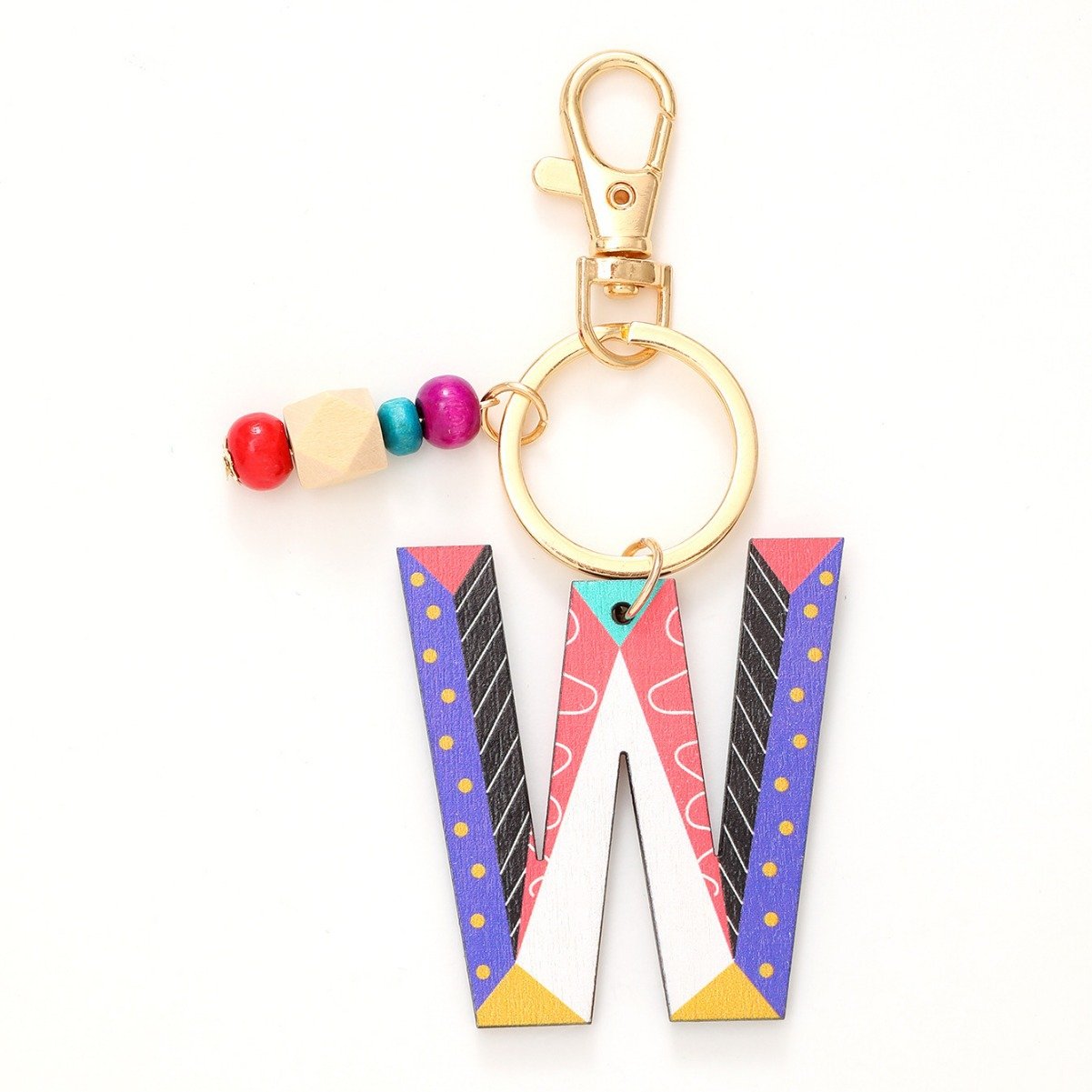 A-Z Wood 26 letter geometry color Totem Keychain Wood bead pendant accessories Women's bag Car key chain pendant gift wholesale